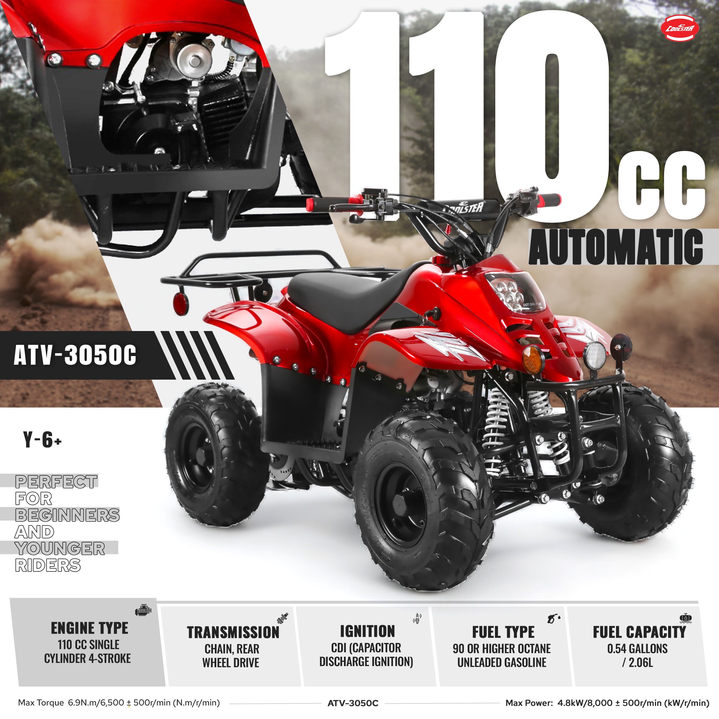 Red ATV-3050C with text highlighting 110cc quad features on a white background