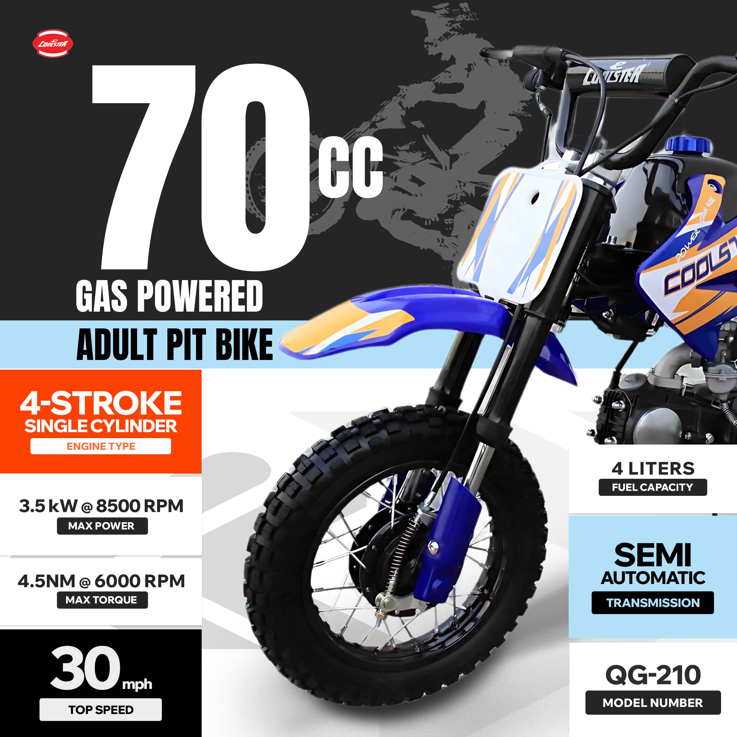 70cc Gas 3 Speed Dirt Bike, Semi Automatic Motocicleta - Coolster QG-210