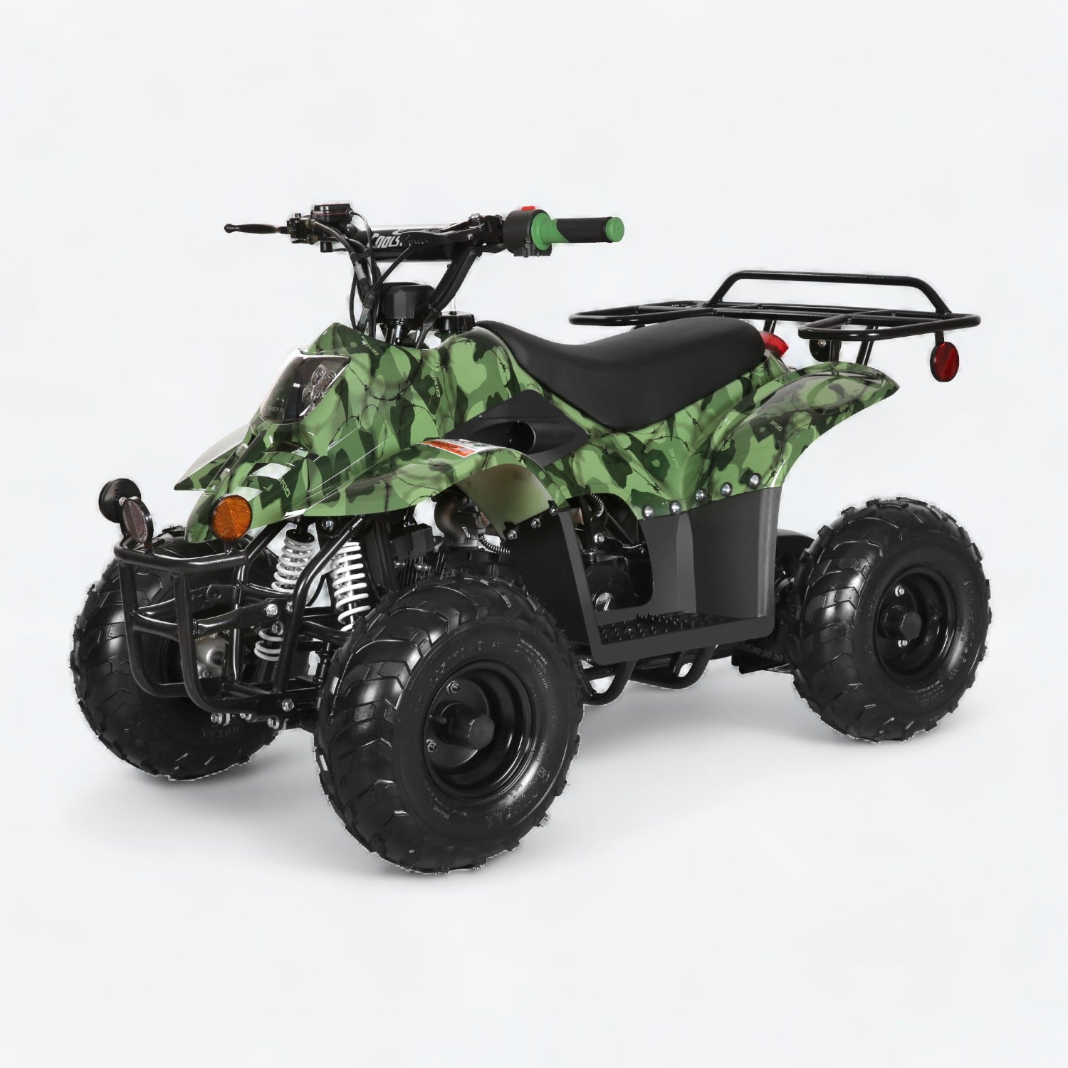 Army Green Camo Coolster ATV with rugged design, rear utility rack, compact size and off-road tires, perfect for offroading adventures.