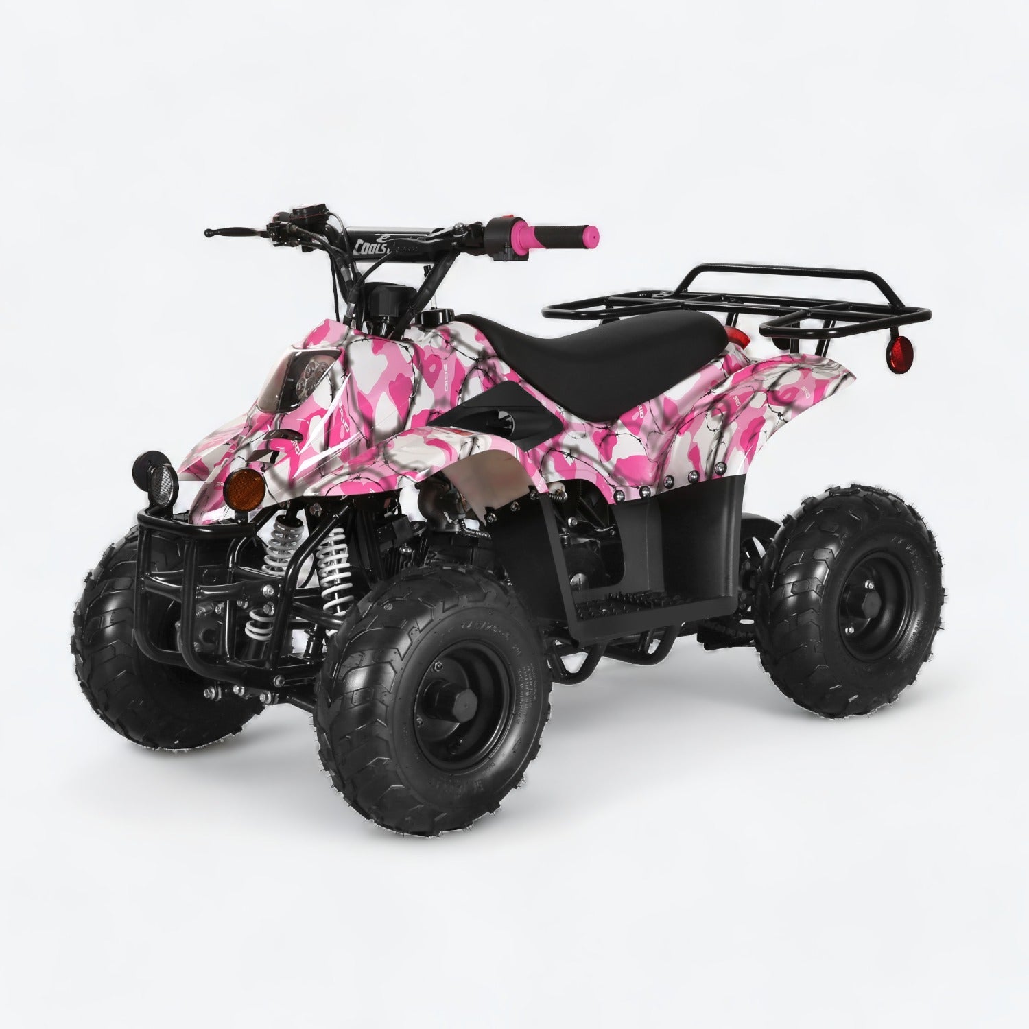 Army Pink Camo Coolster ATV with rugged design, rear utility rack, compact size and off-road tires, perfect for offroading adventures.