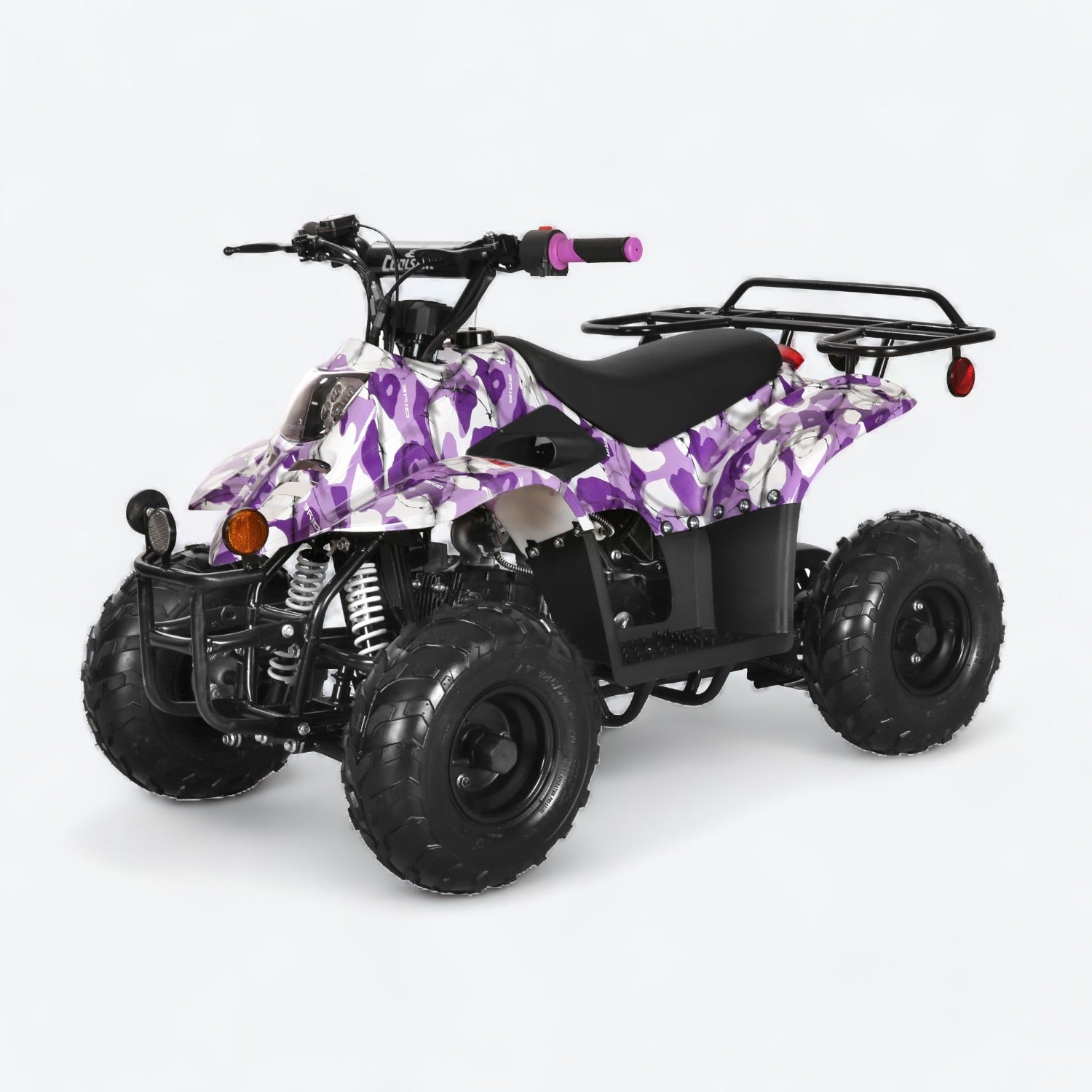 Army Purple Camo Coolster ATV with rugged design, rear utility rack, compact size and off-road tires, perfect for offroading adventures.