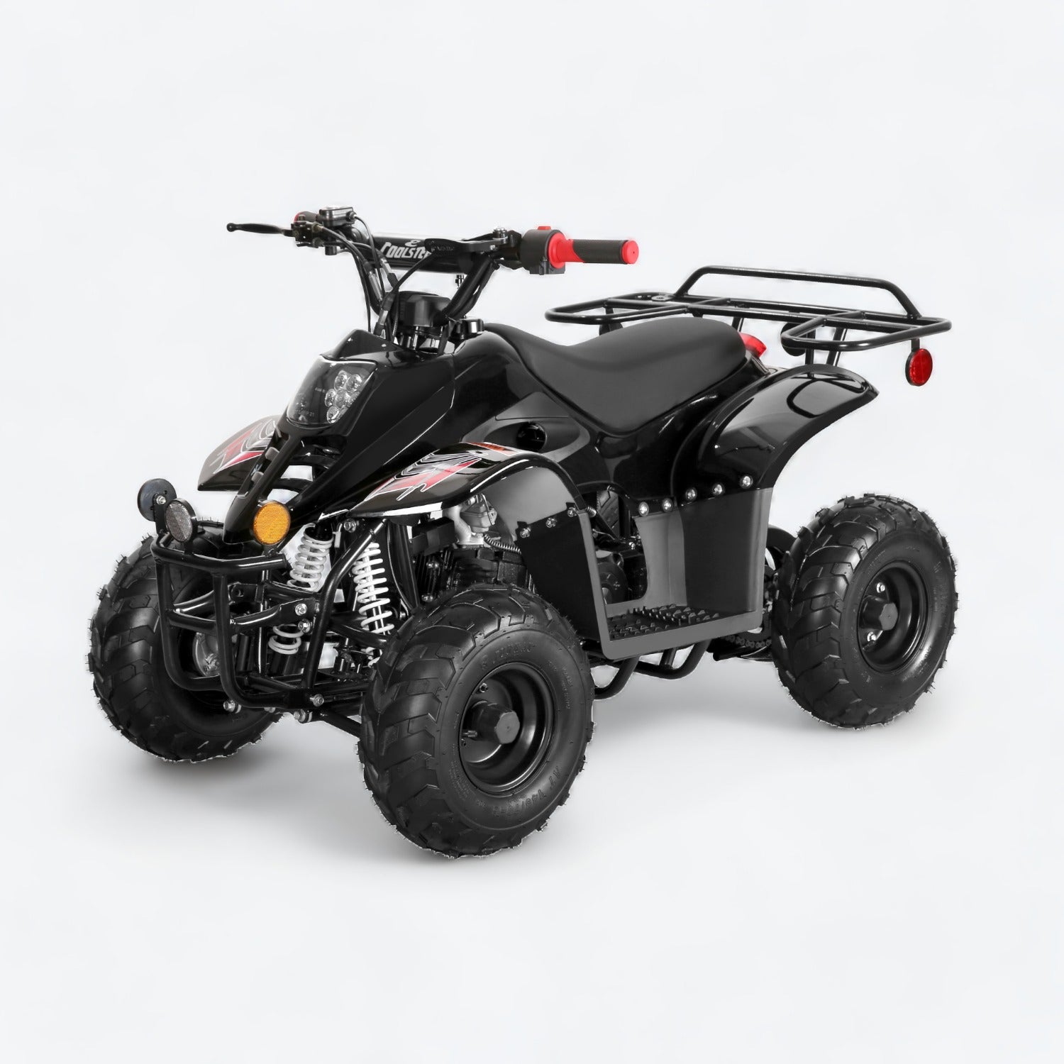 Black Coolster ATV with rugged design, rear utility rack, compact size and off-road tires, perfect for offroading adventures.
