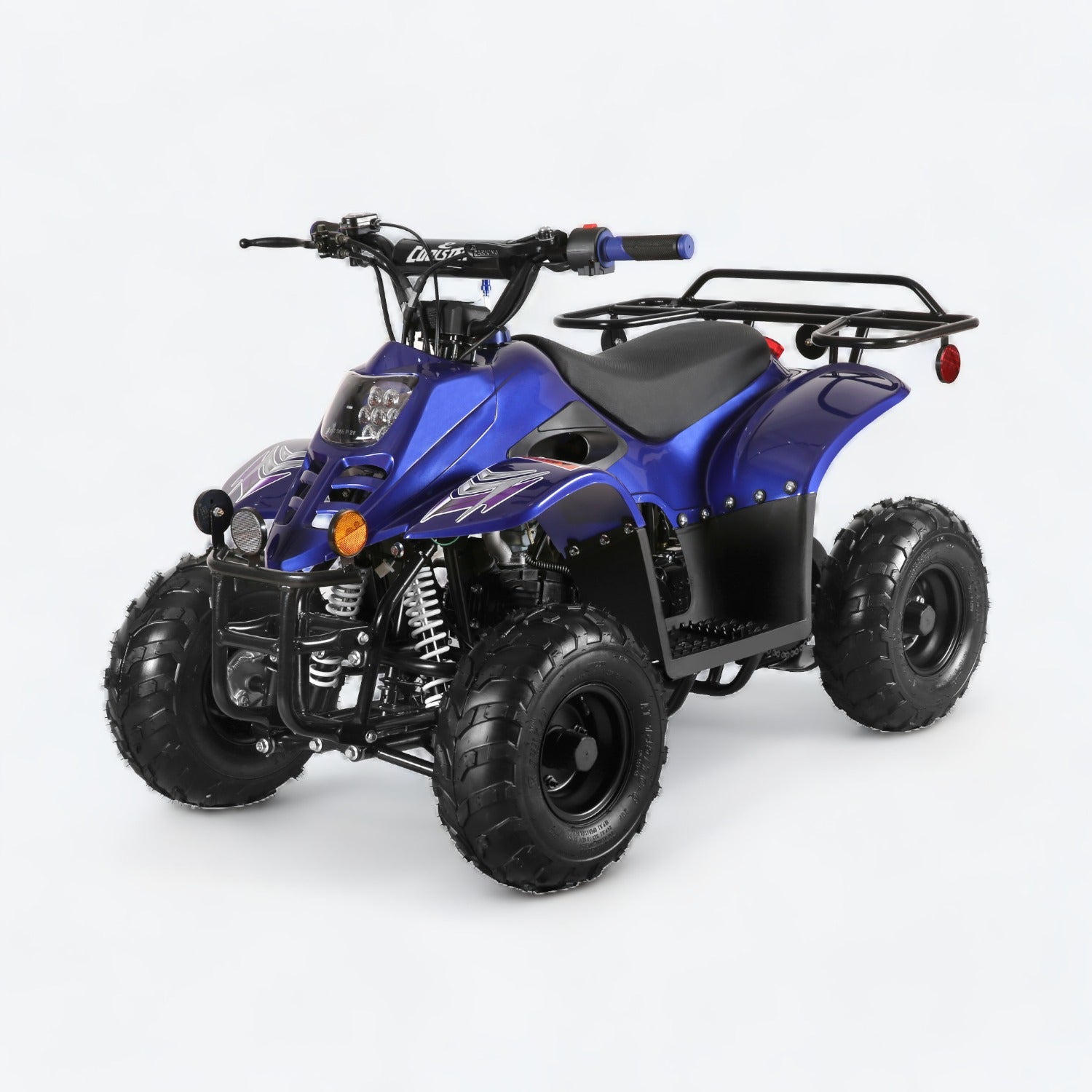Blue Coolster ATV with rugged design, rear utility rack, compact size and off-road tires, perfect for offroading adventures.