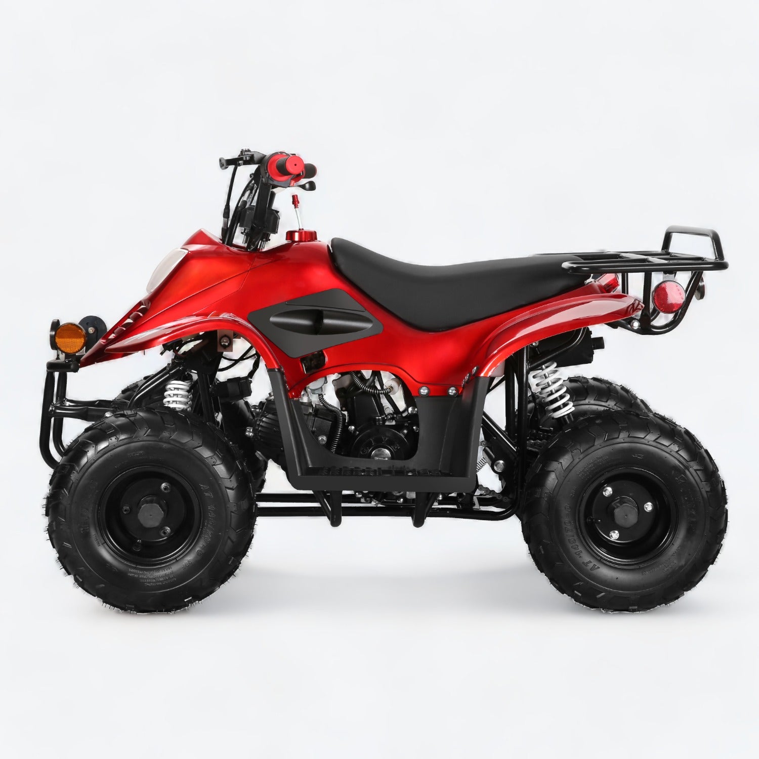 Side view of red Coolster ATV with rugged off-road tires and rear cargo rack.