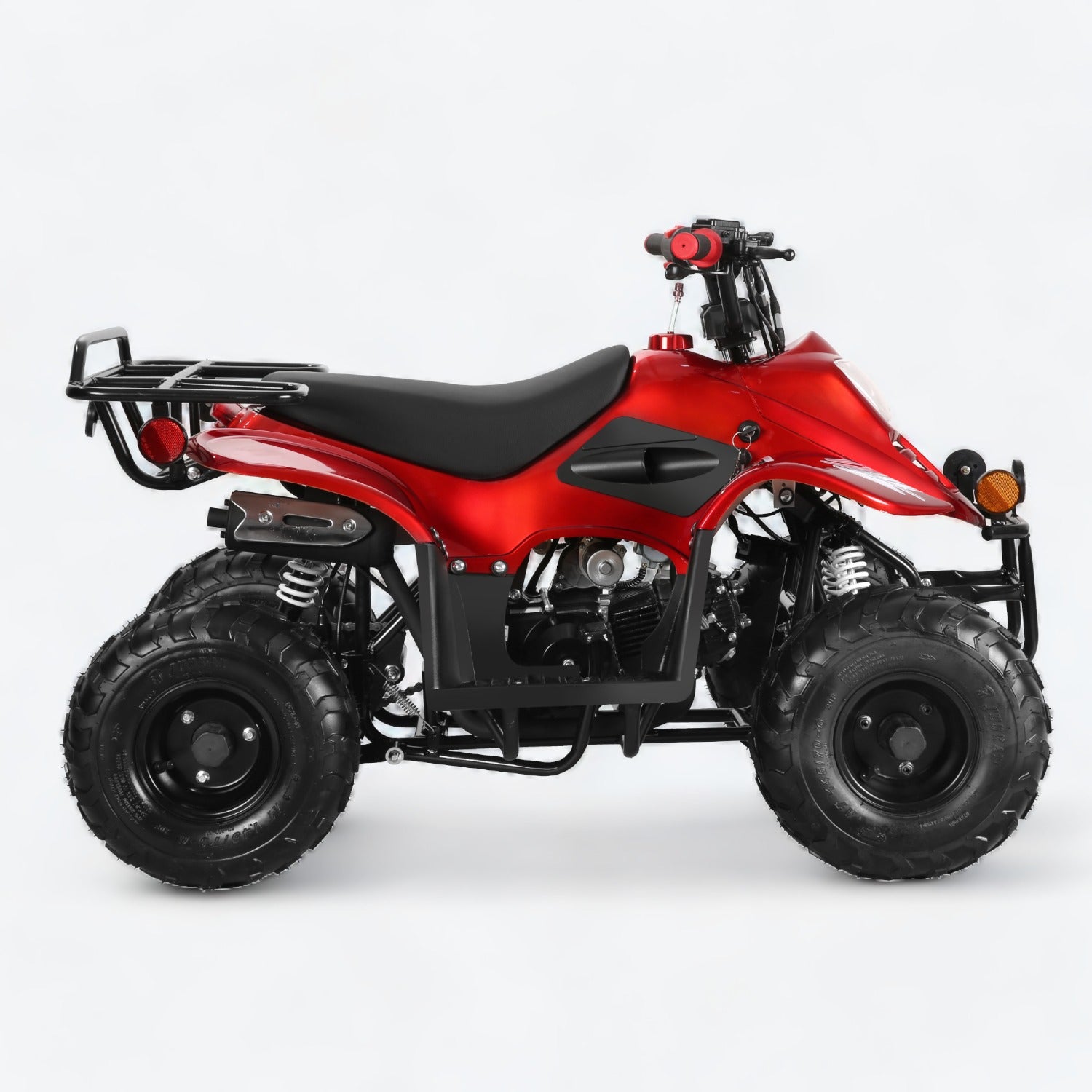 Side view of red Coolster ATV with rugged off-road tires and rear cargo rack.