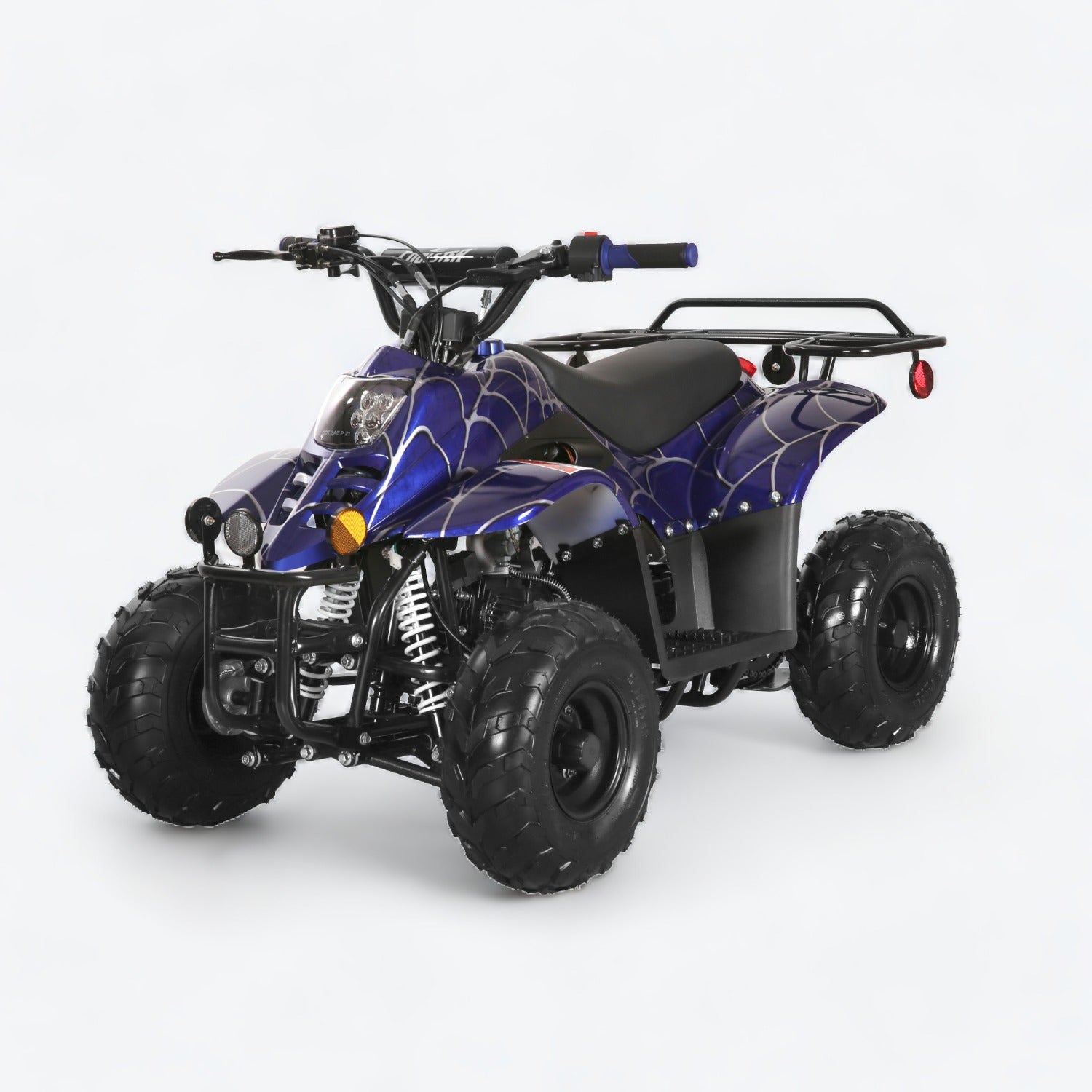 Spider Blue Coolster ATV with rugged design, rear utility rack, compact size and off-road tires, perfect for offroading adventures.