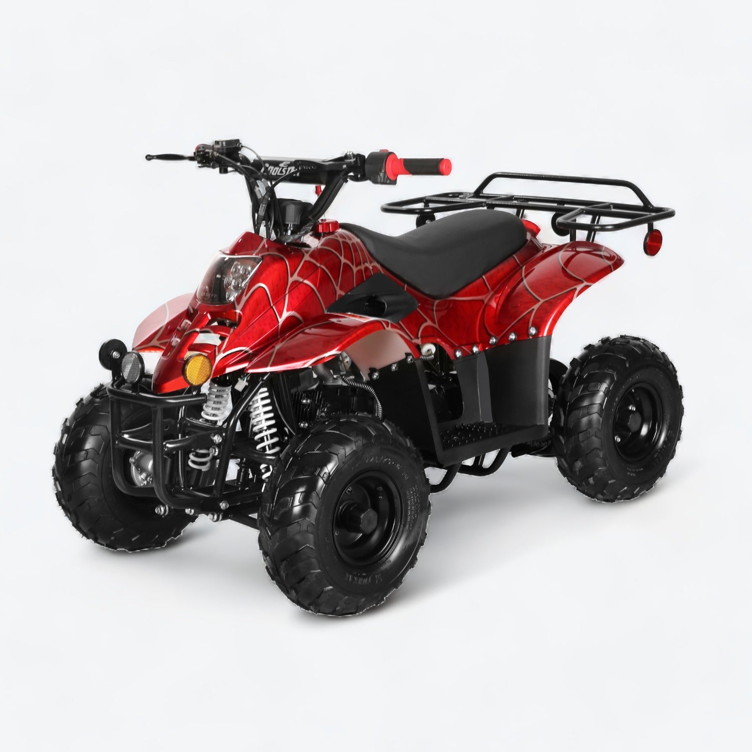 Spider red Coolster ATV with rugged design, rear utility rack, compact size and off-road tires, perfect for offroading adventures.