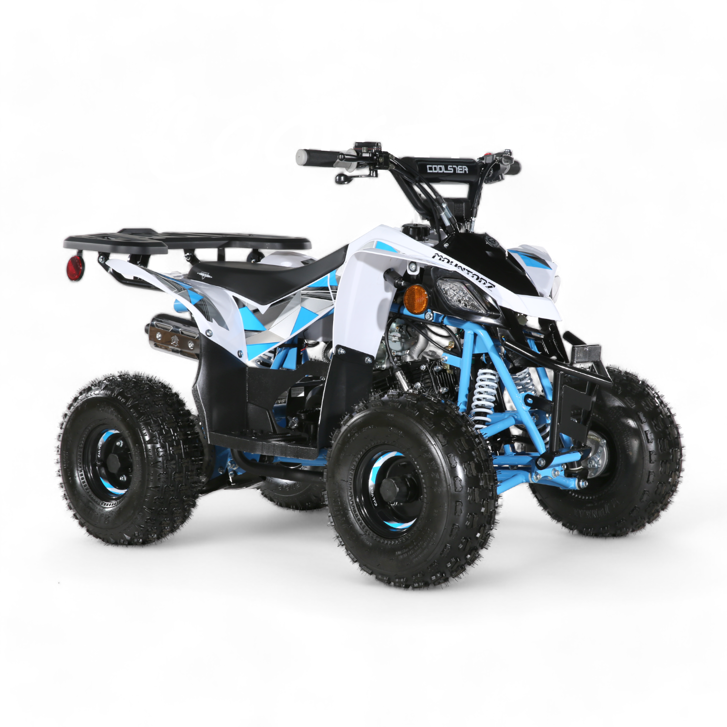 Blue and white 3050B2 110cc ATV with all-terrain tires and a rear utility rack, offering a compact and sporty design for off-road quad adventures.