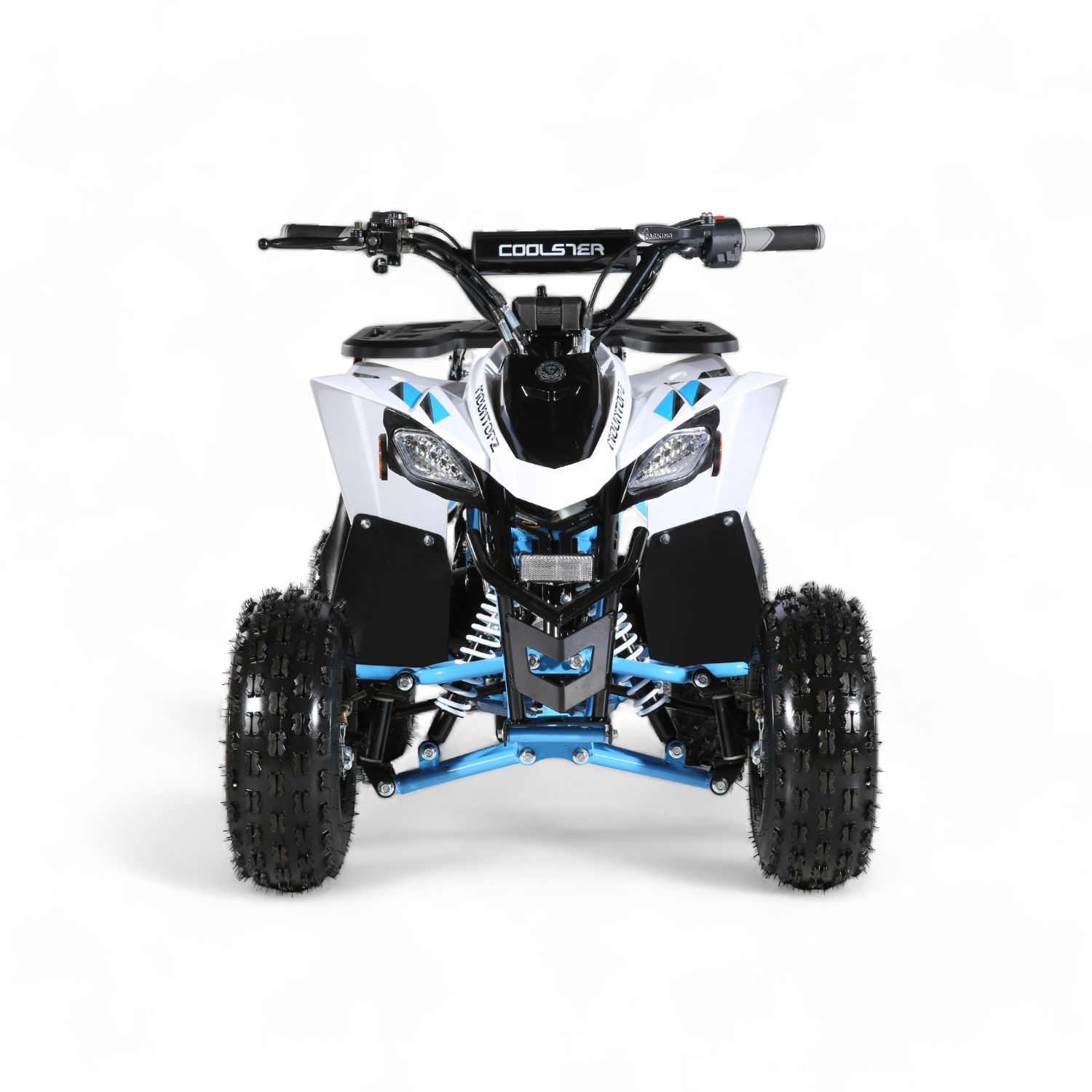 Blue and white 3050B2 110cc ATV with all-terrain tires and a rear utility rack, offering a compact and sporty design for off-road quad adventures.