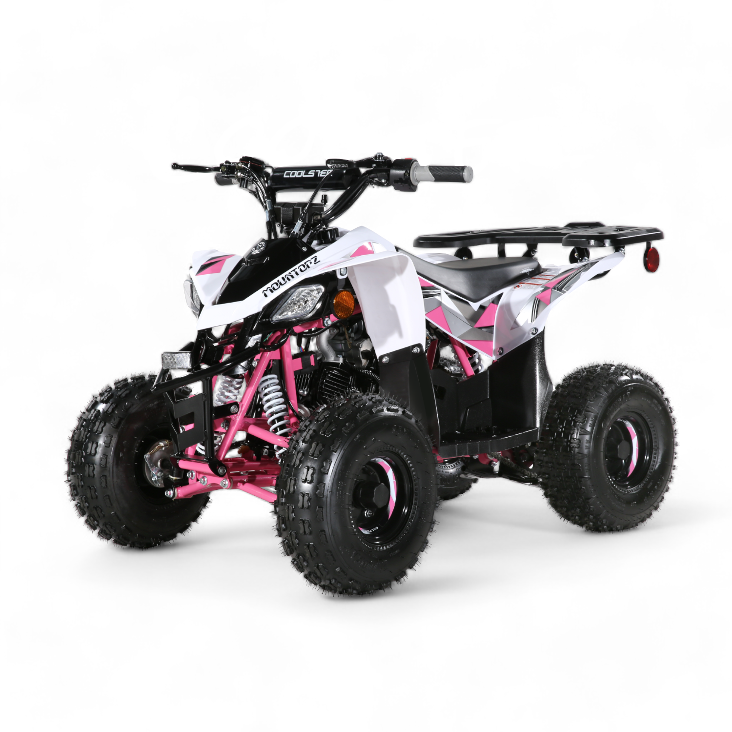 Pink and white 3050B2 ATV with rugged tires and a rear utility rack, offering a compact and sporty design for off-road adventures.
