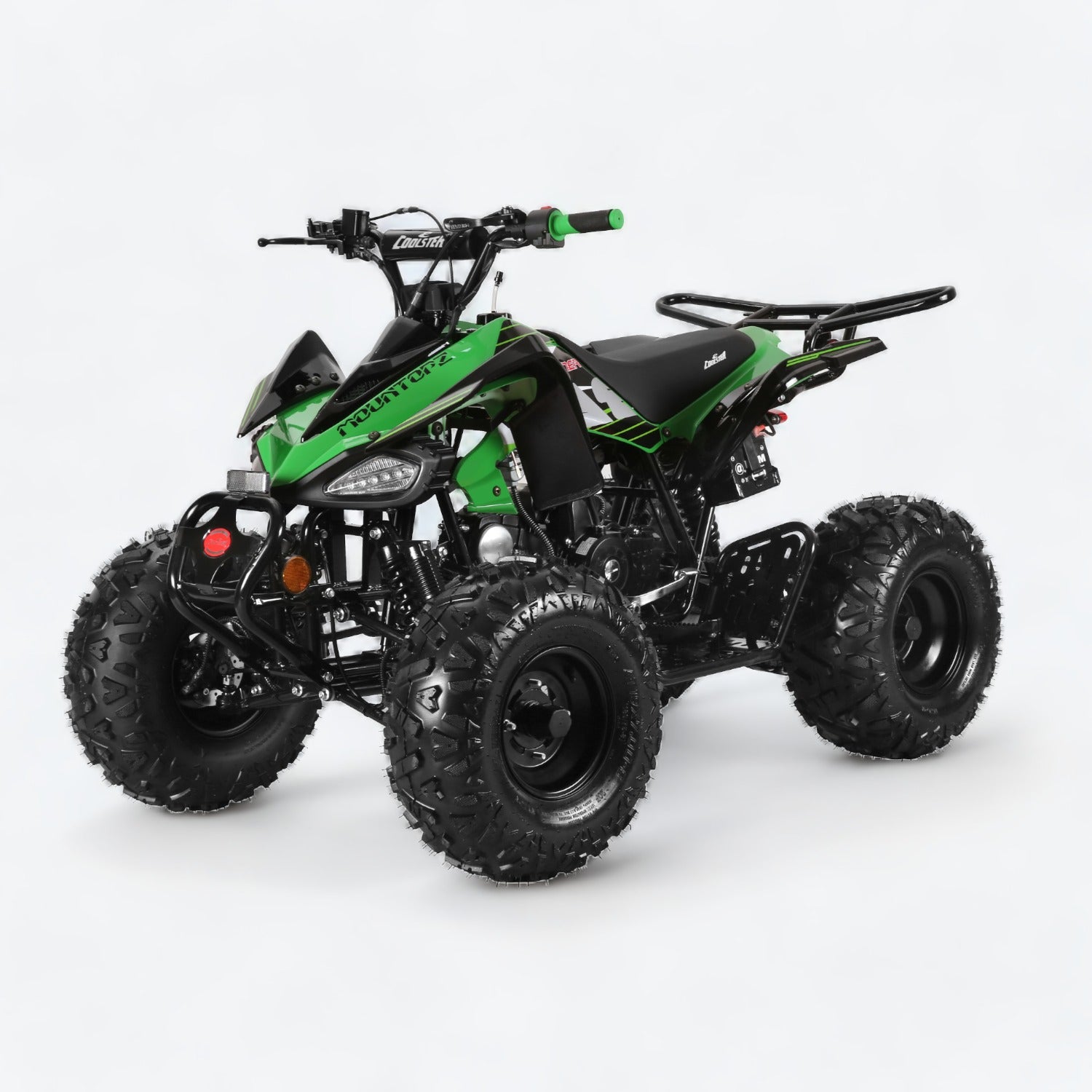 Green and black Coolster 3125CX-2 125cc ATV with off-road tires and spring suspension for versatile terrain.