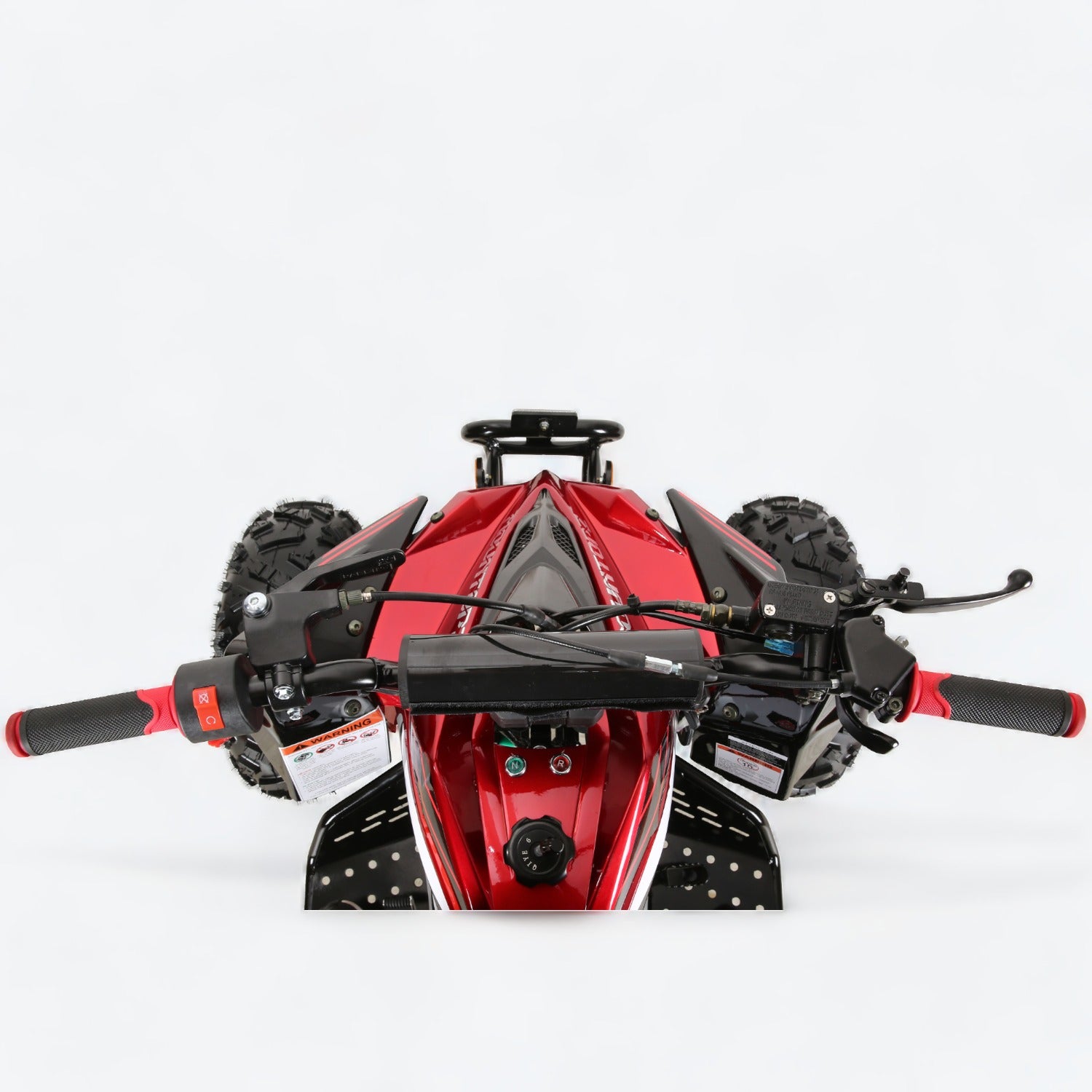 Red and black Coolster 3125CX-2 125cc ATV reliable handle bar, throttle assemble and secure front brake system.