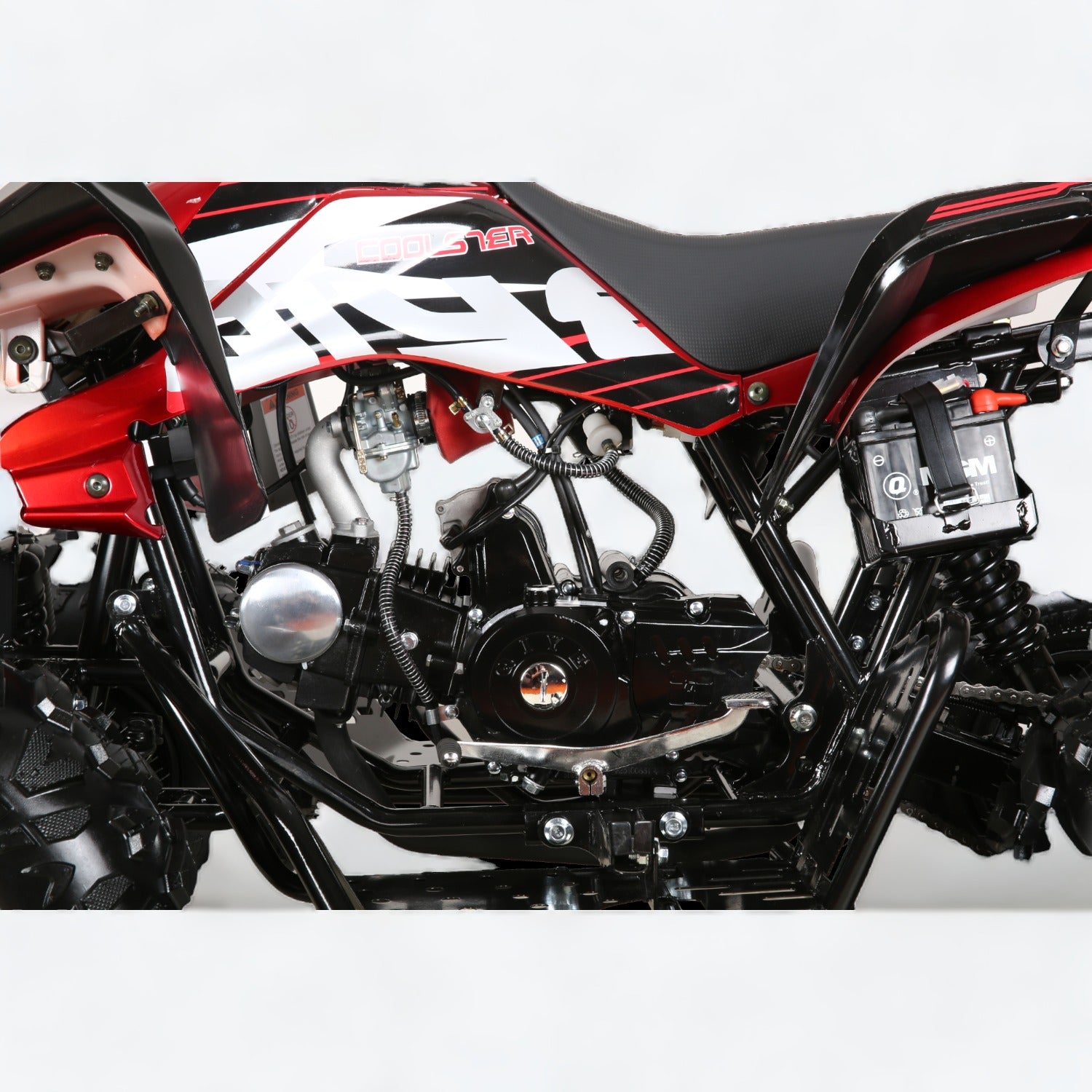 Red and black Coolster 3125CX-2 125cc ATV automatic engine built for dependable performance.