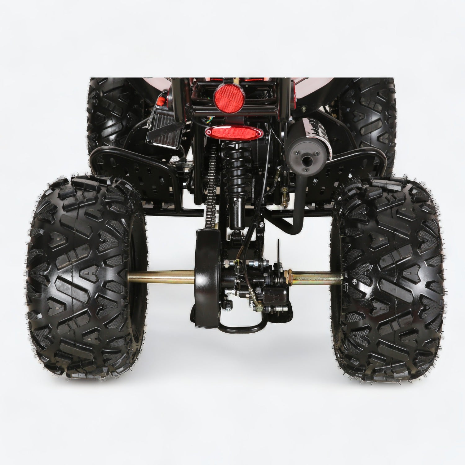 Red and black Coolster 3125CX-2 125cc ATV rear suspension and rugged off-roading tires for versatile terrain.