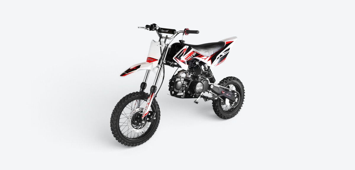Coolster 125cc XR-125 Semi-Automatic Dirt Bike Black Red Front Left Quarter View Banner-Photoroom