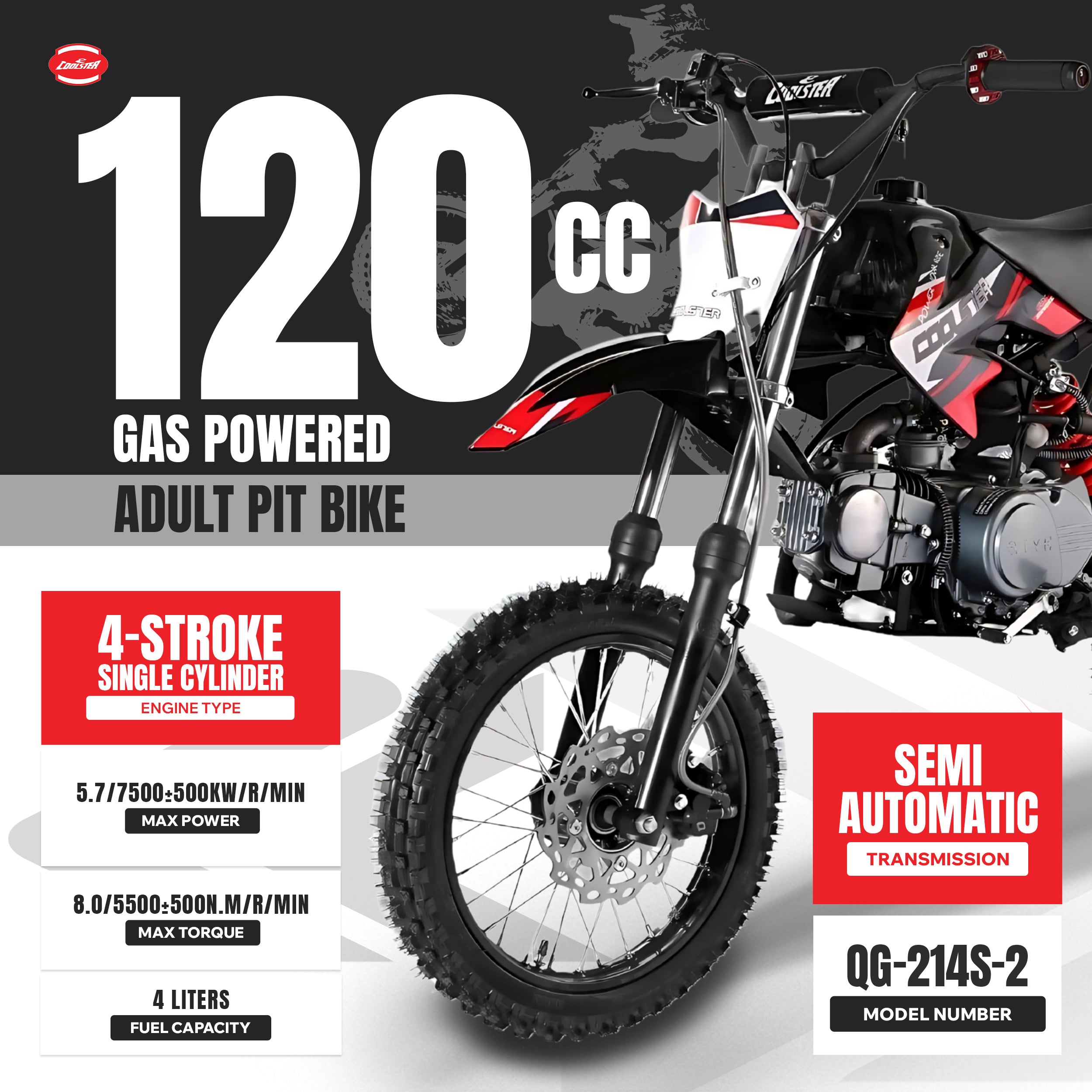 125cc Semi-Auto 3 Speed Gas Dirt Bike - Coolster 214S-2