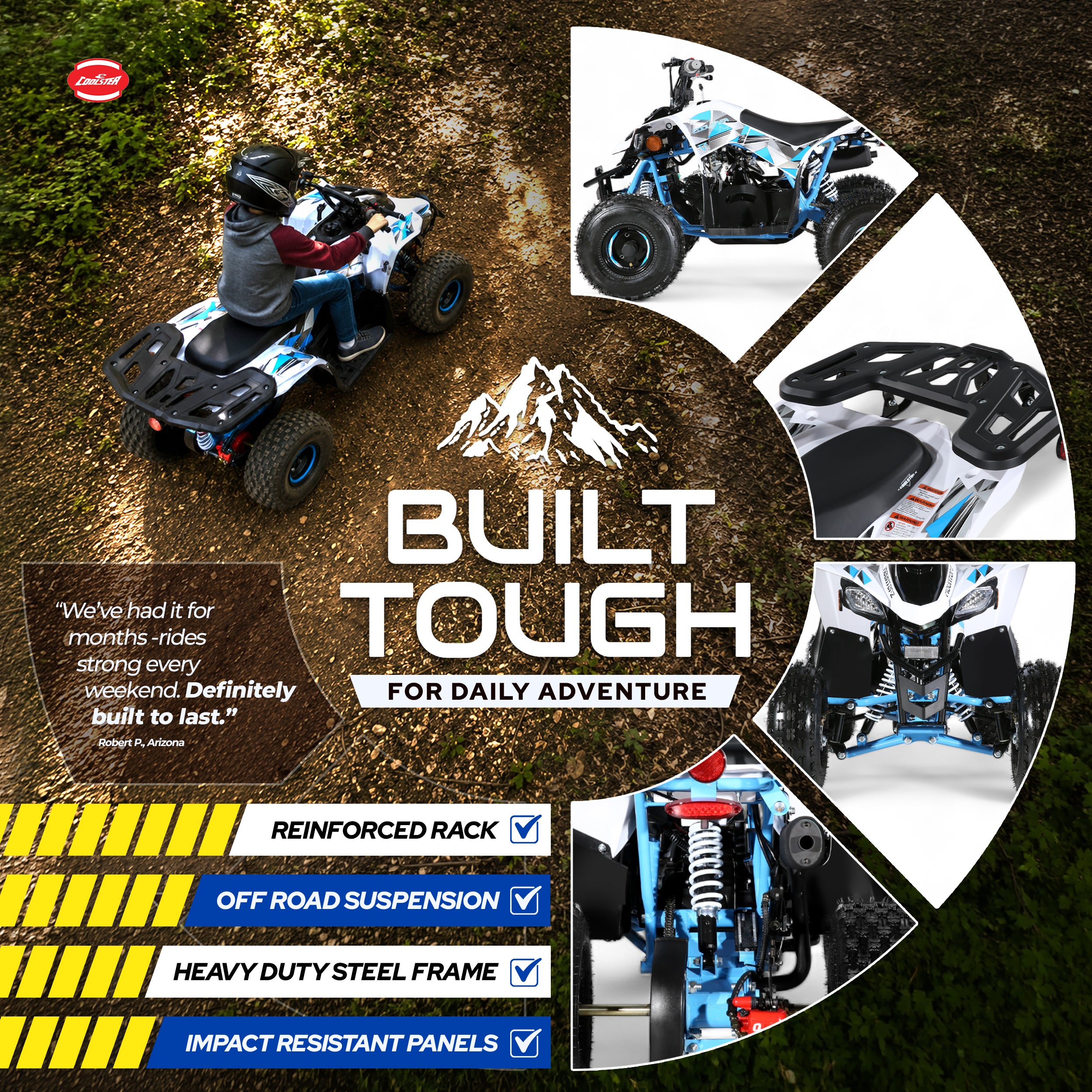Kid off-roading on blue Coolster 3050B2 ATV in nature with vehicle specification call outs on the frame, rear rack, brakes and suspension.