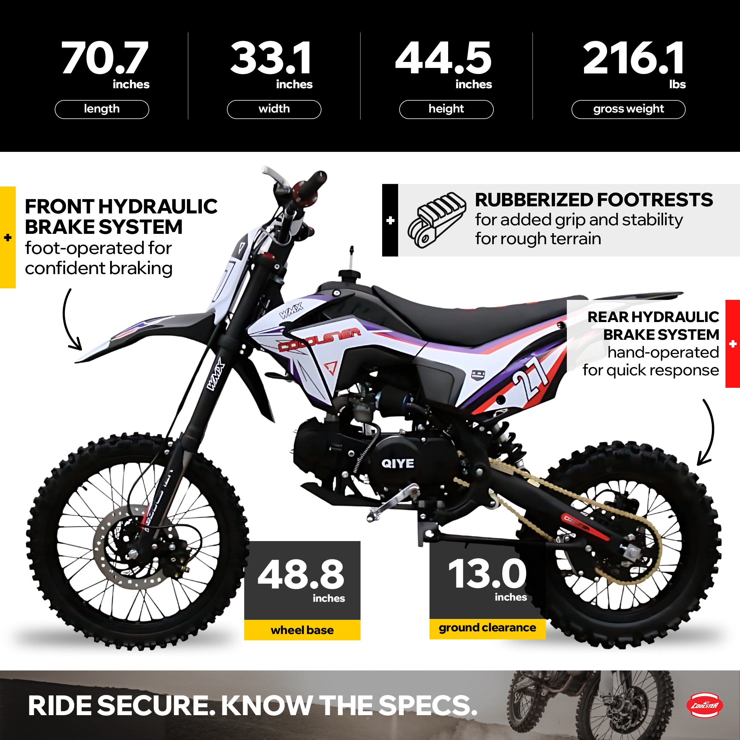 125cc Dirt Bike, 3 Speed Manual Gas Off-Road Motorcycle - Coolster M-125