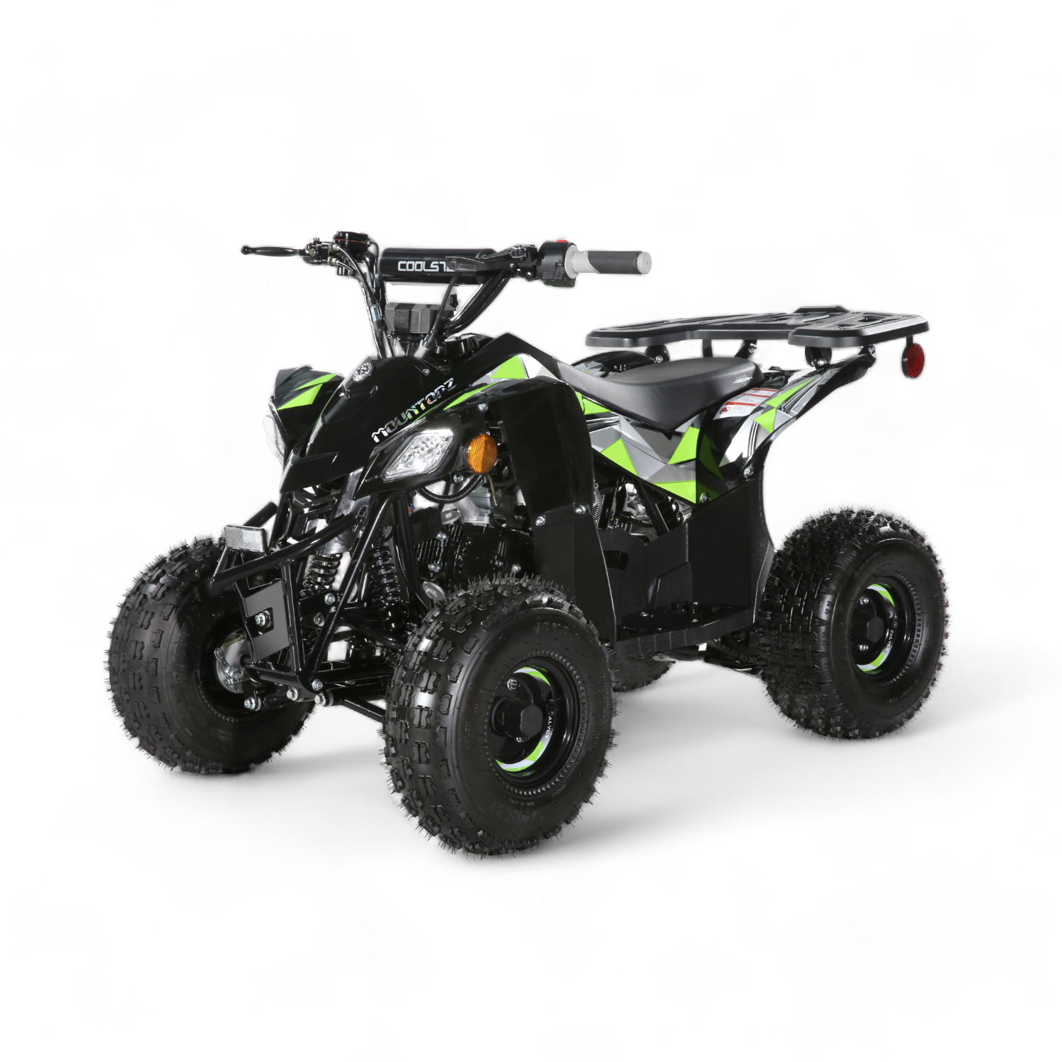 Black with Green accents - Coolster 3050B2 ATV with rugged tires and a rear utility rack, offering a compact and sporty design for off-road adventures.