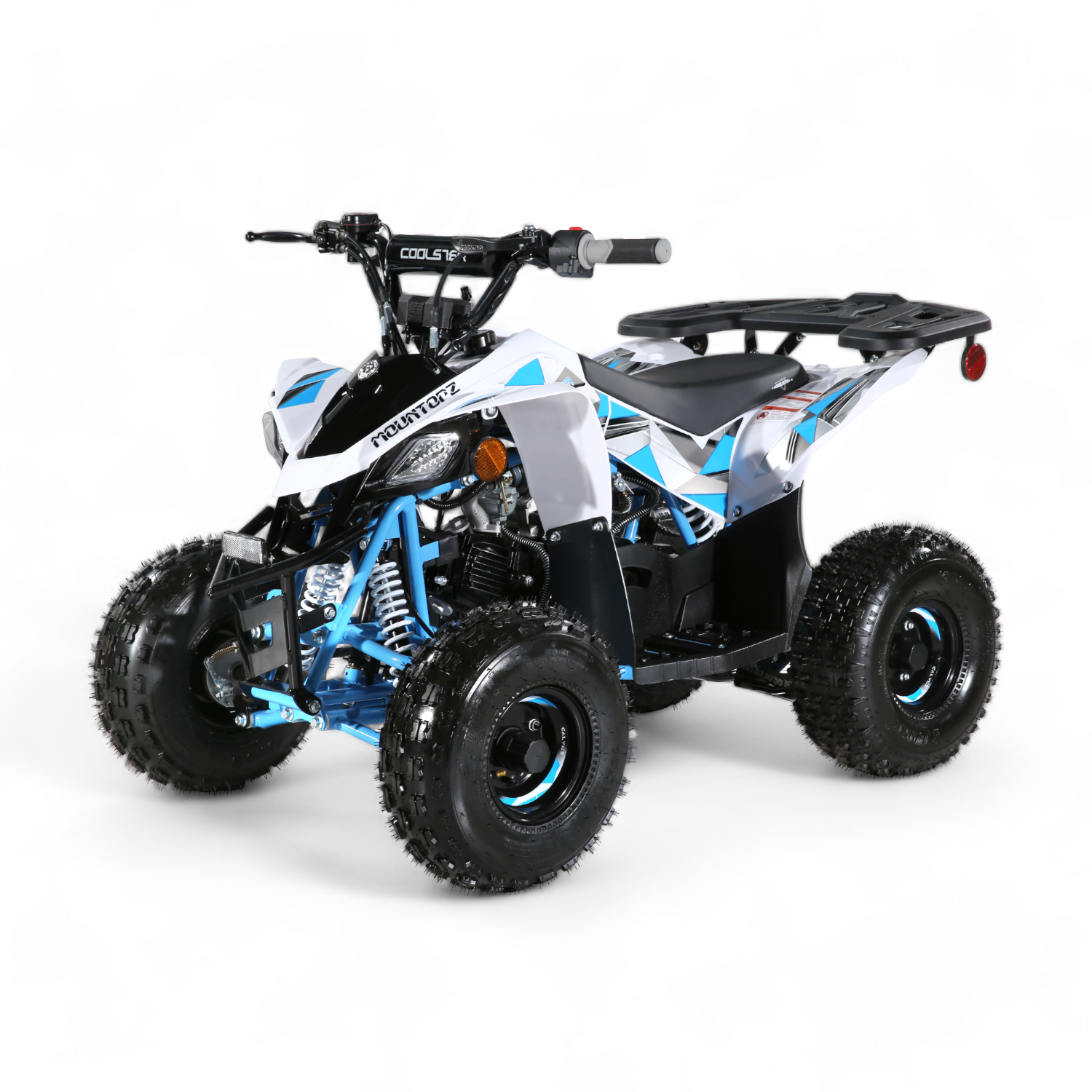 Blue and white 3050B2 ATV with rugged tires and a rear utility rack, offering a compact and sporty design for off-road adventures.