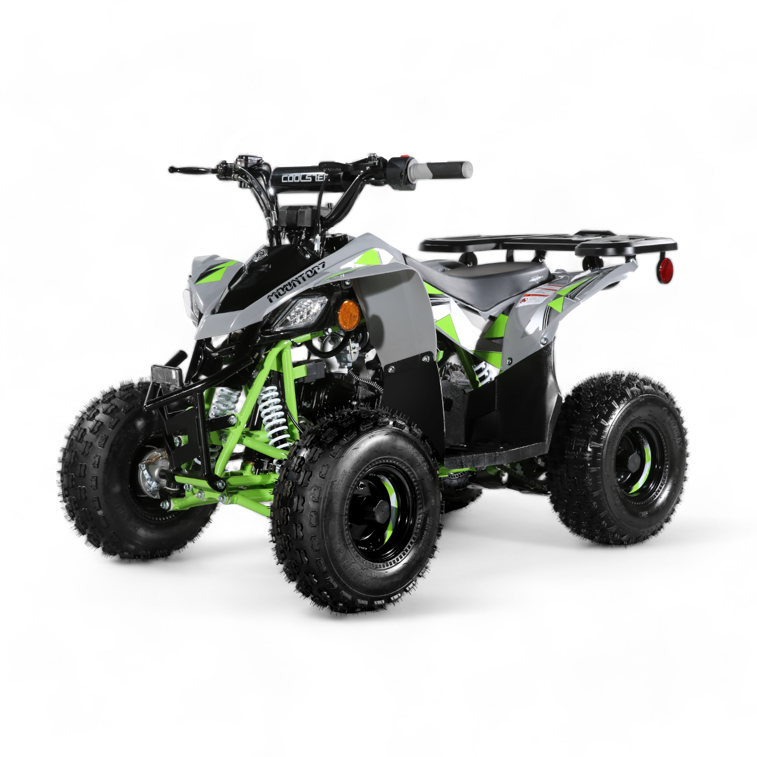 Grey with green accents - Coolster 3050B2 ATV with rugged tires and a rear utility rack, offering a compact and sporty design for off-road adventures.