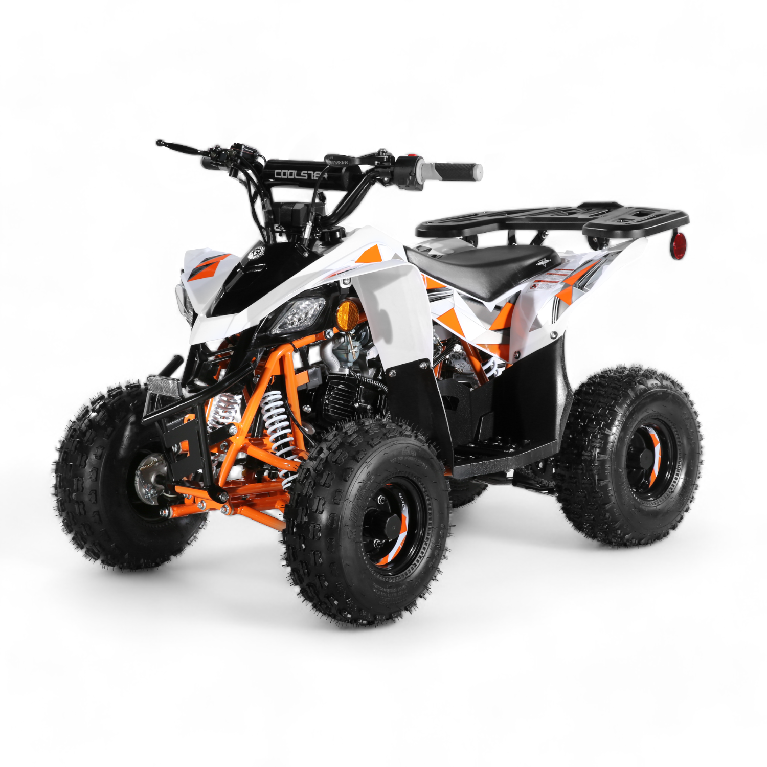 White with orange accents - Coolster 3050B2 ATV with rugged tires and a rear utility rack, offering a compact and sporty design for off-road adventures.